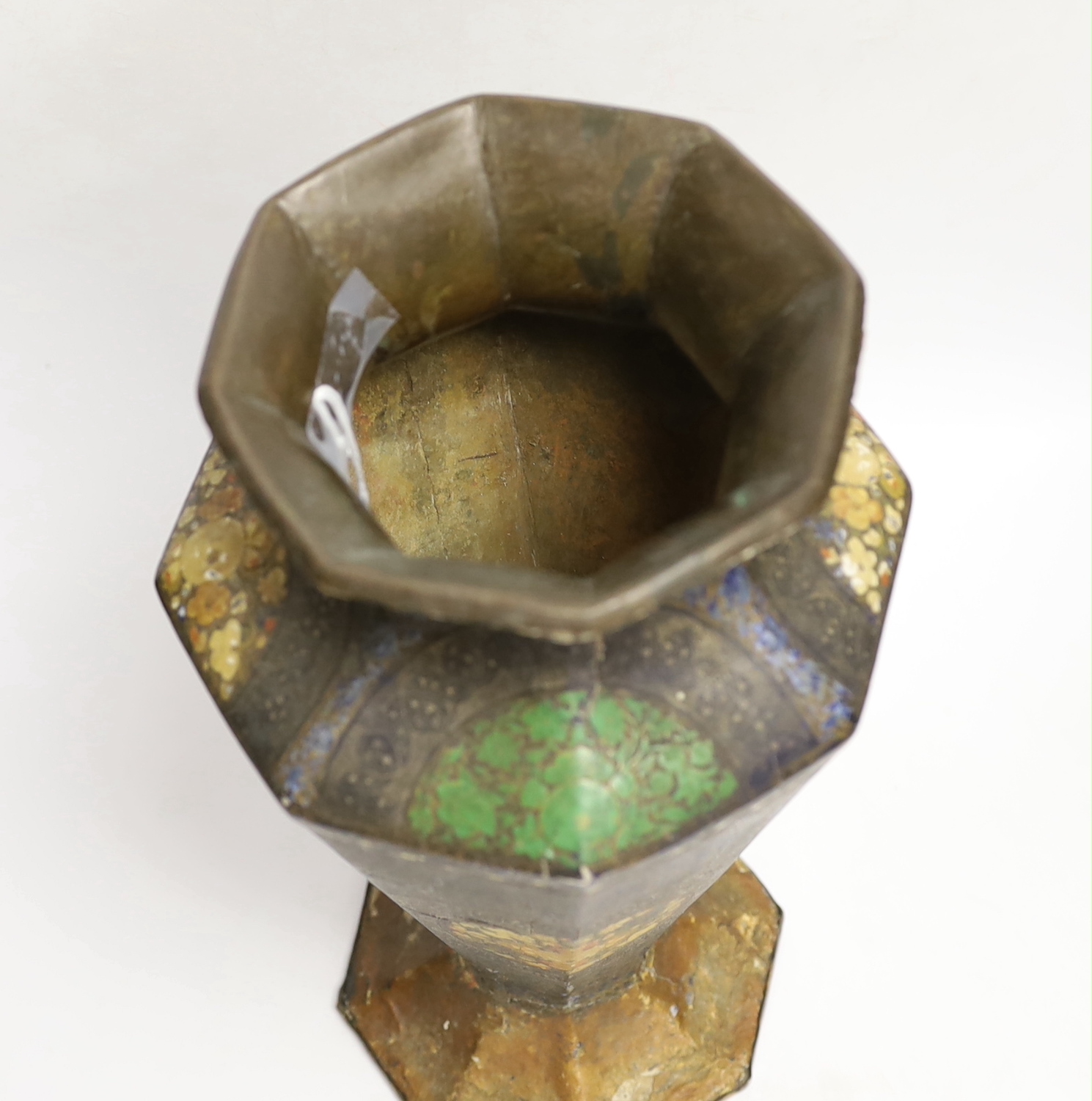A 19th century Persian flower-painted papier mache and brass vase, 32cm high